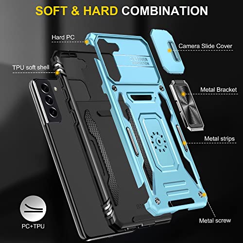 Image of Slide Camera Cover with Ring Holder Mobile Phone Case Cover for Samsung Galaxy S21 FE (Blue)