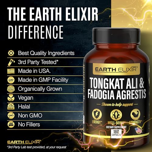 Earth Elixir Fadogia Agrestis 600mg and Tongkat Ali 500mg Supplements (180 Capsules) - Made in USA - 3 Month Supply – 3rd Party Tested - Long Jack - Tongkat Ali Fadogia Agrestis Supplements for Men