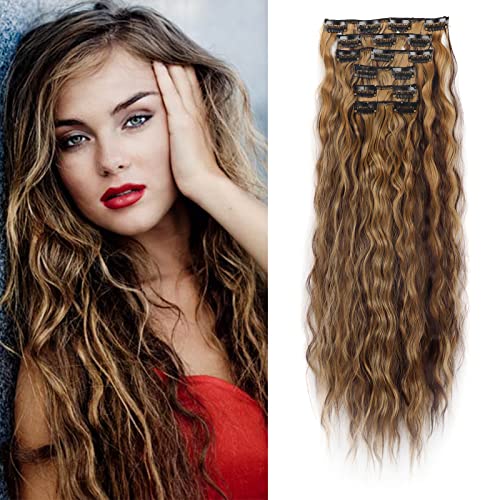 Cybelleza 50cm Extension Capelli Clip Mossi 6PCS Extension a Clip Posticci per Capelli Sintetici Ondulati Naturale Clip in Hair Extensions Ricci per Donna, Marrone Cioccolato & Biondo Scuro
