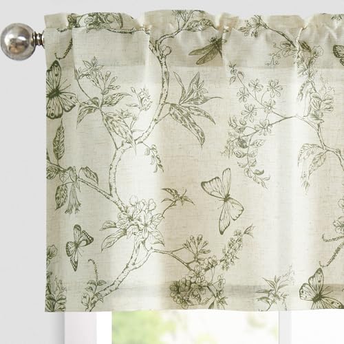 Lazzzy Green Floral Valance Curtain Linen Farmhouse Valance for Kitchen Living Room Bedroom Country Valances Window Treatments Small Window Cafe Curtain 16 Inch Rod Pocket 1 Panel Green on Beige