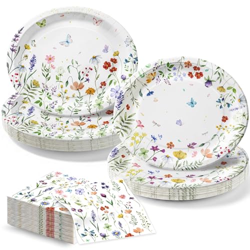 OuMuaMua Large Wildflower Plates and Napkins Party Supplies for 100 Guests 10 x 12 Heavy-Duty Floral Paper Plates Set for Mothers Day Baby Shower Birthday Tea & Garden Party Decor 2 Floral Designs