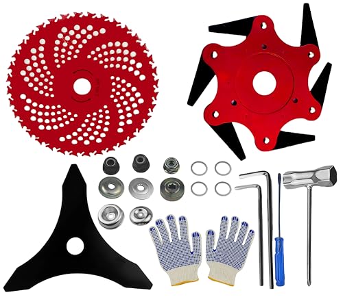 Xiweiqi 3-in-1 Heavy Duty Brush Cutter Blades Kit - Includes 6-Steel Blade Trimmer Head 9 36T Carbide Tipped & 10 3T Brush Blades - Universal Weed Eater Attachments with 2 Adapter Kits