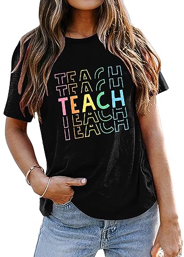 Image of Teacher Shirts Women Teach Print Graphic Tees Kindergarten Elementary Teaching Life Shirts Back to School Tees Tops
