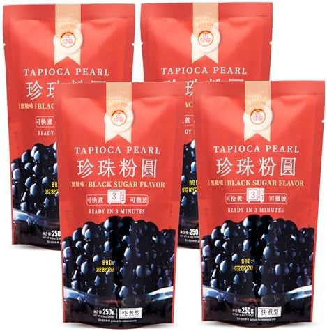 WuFuYuan Boba Tapioca Pearls, Black Sugar Flavor, Quick Cook Bubble Tea Boba, Microwave Ready in 3 Minutes, 8.8 oz (4 Packs)