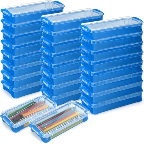 Image of Gueevin 24 Pcs Large Capacity Plastic Pencil Box Clear Plastic Pencil Case Crayon Box with Snap Tight Lid Watercolor Pen Storage Brush Organizer Drawing Tools Container (Cute Blue)