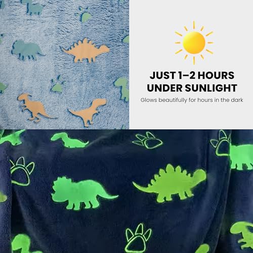 Image of Glow in The Dark Dinosaur Blanket for Kids, Blue | 240 GSM Premium Polyester Fleece, Ultra Soft Lightweight Cozy Throw, 200 x 150 cm, For Boys, Girls, Bed Sofa Travel