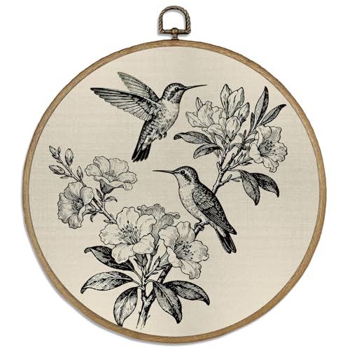 Image of DELORIGIN 10" Retro Realistic Hummingbird Vintage Wall Art Decor Round Wood Framed Canvas Wall Art Prints with Metal Hooks Home Artwork Hanging Picture for Bedroom Living Room Hallway Stairs Decor