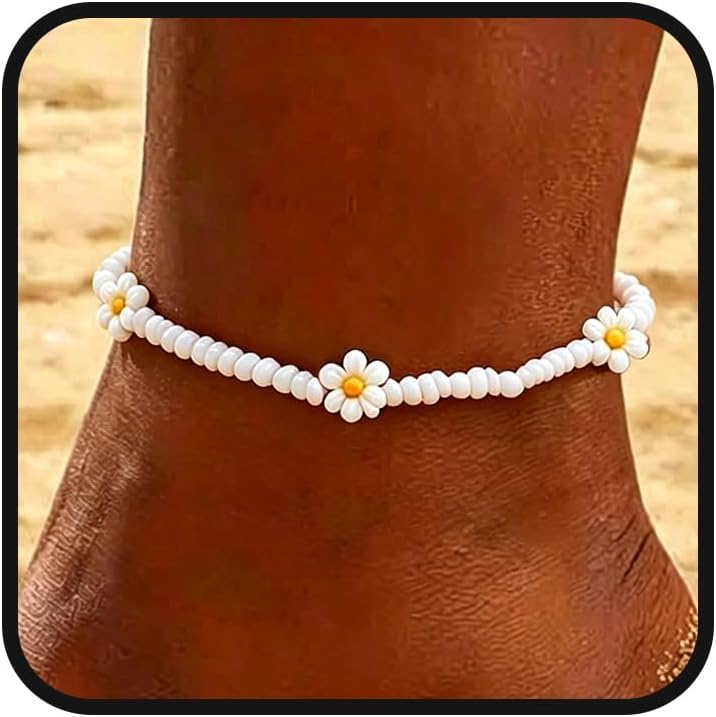 Tgirls Boho Ankle Bracelets for Women Beaded Anklets Chain Beachy Flower Foot Accessories