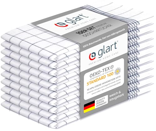 Glart 48KG2 Geschirrtücher 10er Set 50x70 cm grau kariert – 100 % Baumwolle, OEKO-TEX zertifiziert, vorgewaschen, saugstark, waschbar, mit Aufhänger, langlebig, für Haushalt, Küche, Gastronomie, Büro