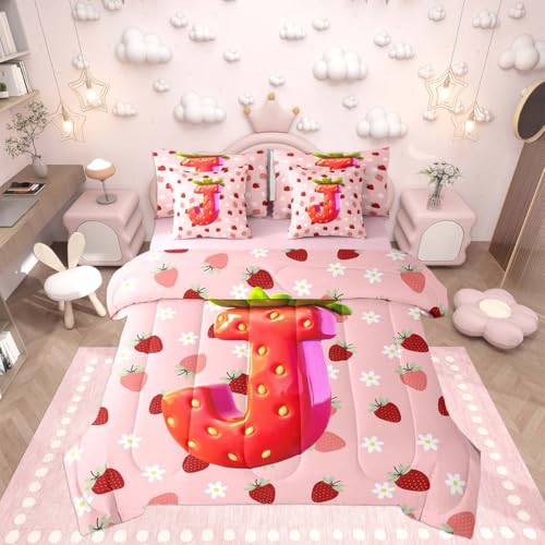 Image of Feelyou Cute Girls Strawberry Comforter Set Full Size 7 Pieces Pink Red Princess Strawberry Bedding Set Kids Initial Letter J Bed in a Bag with Comforter, Sheets, Pillowcases, Cushion Covers