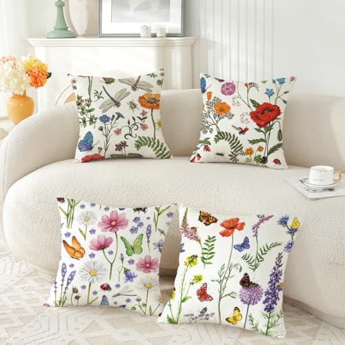 TAOSON Pack of 4 Spring Summer Throw Pillow Covers 18x18 Inch - Our Home Garden Flowers Farmhouse Cushion Cases for Patio Furniture & Decor (S207015)