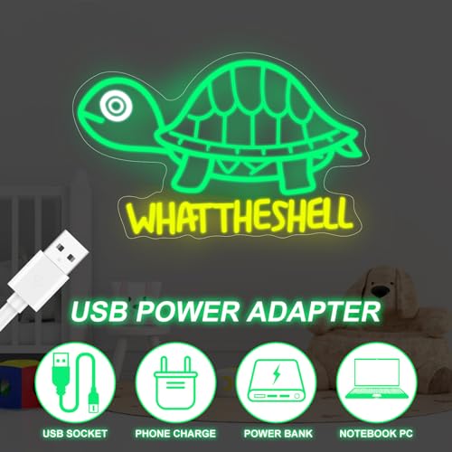 Image of Turtle Neon Sign,What the Shell Turtle Sign,Sarcastic Decor,Funny Neon,Cute Turtle Pun Gift,Kawaii Turtle Sign,Animal Neon Light, 15.9 inchx10.4 inch, Yellow