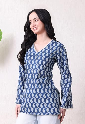 Image of MEERA FAB Women's Floral Printed Cotton Short Top | Sanganeri Printed Top Full Sleeves | Short Kurti for Women