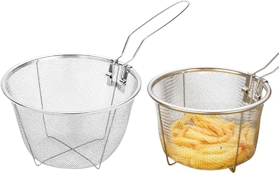 2 Pack Deep Fryer Basket with Foldable Handle Fry Chips Mesh Silver