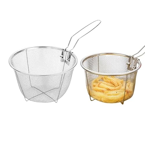 FlyNautics 2Pack Deep Fryer Parts Stainless Steel 18cm Deep Fry Basket with Foldable Handle, Fry Chips Baskets Round Wire Mesh Basket with Folding Handle for Kitchen Frying Pasta Spaghetti Silver