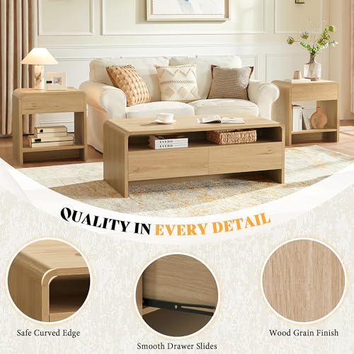 AMERLIFE 3-Piece Living Room Table Set, Includes Coffee Table & 2 End Tables, Modern Coffee Table Sets with Large Storage Drawers & Smooth Rounded Edges, Natural Oak