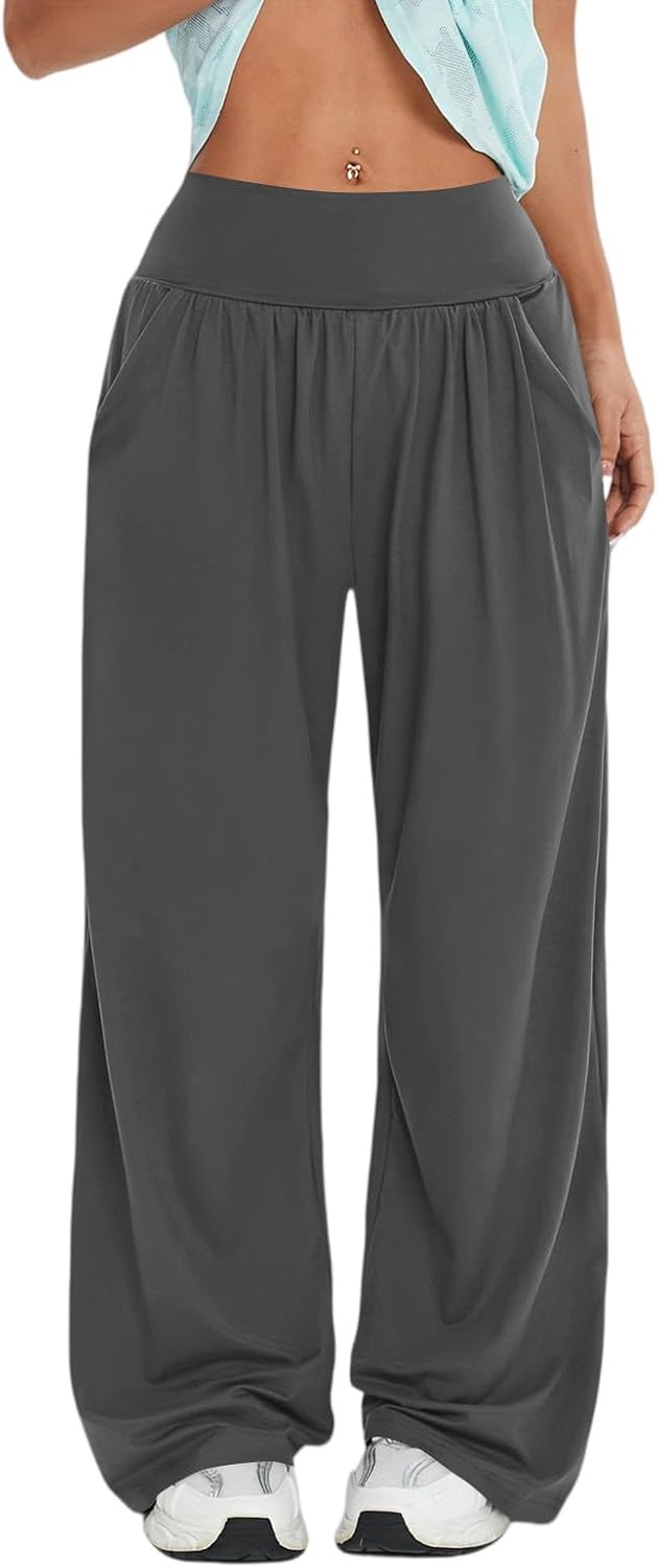 Women's Wide Leg Sweatpants Trendy Drawstring Baggy High Waisted Casual Trousers Yoga Jogger Pants with Pockets