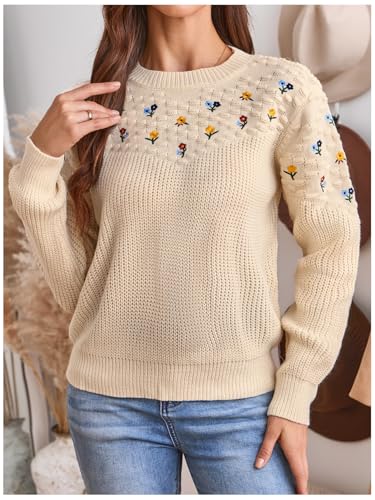 Image of BEAUDRM Women's Floral Embroidery Sweaters Long Sleeve Round Neck Knitted Pullover Tops Beige Small