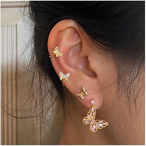 Allereya Bohemia Crystal Butterfly Studs Earrings Cz Butterfly Cuff Wrap Earrings Zircon Butterfly Earring Gold Cartilage Climber Earrings for Women and Girls Cover