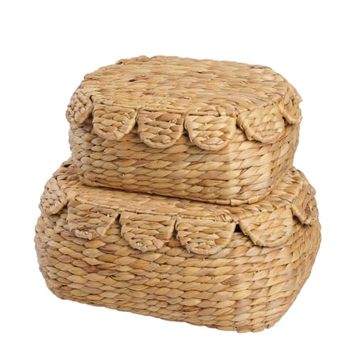 LUSYDECO Set of 2 Scalloped Edge Wicker Basket with Lid | Beautiful Rattan Decorative Box for Home Decor - Safely Store Photos, Documents and Memory Box Keepsakes in Style