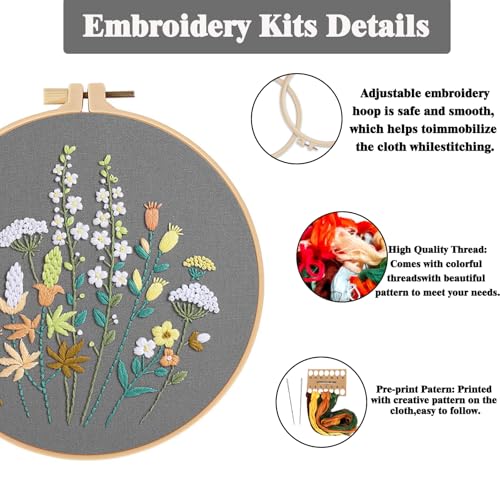 Image of GLTAYLMY 3 Pack Embroidery Starter Kit for Beginners Stamped Cross Stitch Kits with Cute Flowers and Plants Patterns with 1 Embroidery Hoop and Color Threads for Adults