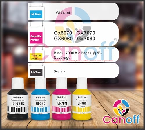 Image of CANOFF GI-76 GI 76 GI76 Refill Ink Bottle Compatible for GX6070, GX7070, GX6060, GX7060 Printers | High Yield Ink - BK 170ml, CMY 135ml | Premium Print Quality (Gi-76 CMYK)
