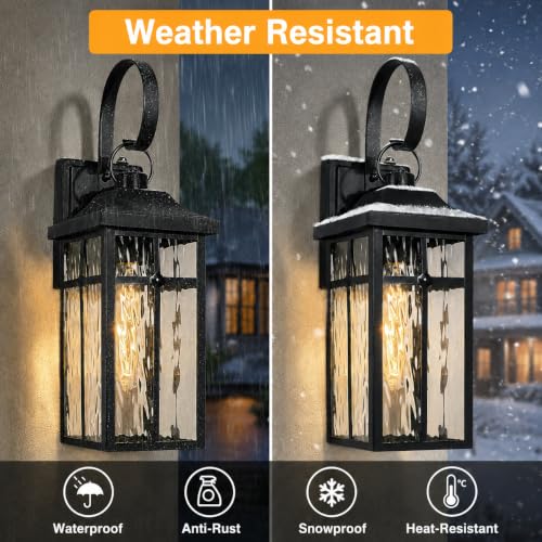 Image of 2 Pack Dusk to Dawn Outdoor Wall Lights, 19 inch Black | Exterior Wall Mount Light Fixtures with Water Ripple Glass, Waterproof Outside Wall Sconces for Garage Patio Entryway