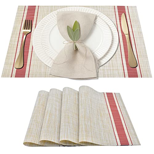 ARTAND Placemats Set of 4, Woven Placemats for Dining Table, Boho Decor Plastic Table Place Mats, Vinyl Table Mats for Indoor Outdoor Red Lines