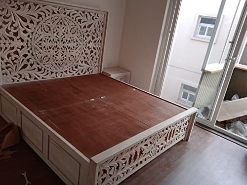 Image of Arman Handicrafts Hand Carved Solid Wood Bed Frame with Decorative Headboard & Footboard | Designer Wooden Double Bed for Bedroom | Natural Brown & White Finish (Queen Size)