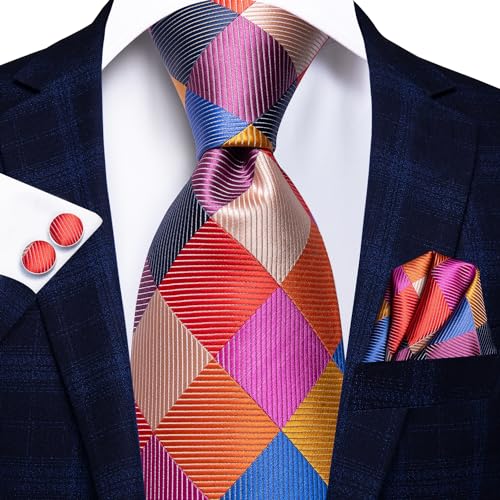 Image of Hi-Tie Mens Plaid Ties Classic Paisley Necktie with Handkerchief Cufflinks Set Business Stripe Tie