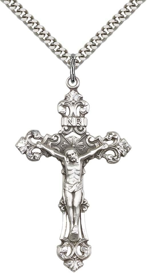 F A Dumont Sterling Silver Crucifix Pendant with 24" Stainless Steel Heavy Curb Chain.