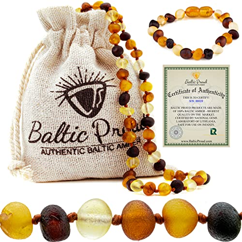 Raw Baltic Amber Necklace and Bracelet Gift Set (Unisex Multi Raw 12.5 Inches/5.5 Inches) - Certified Premium Quality Raw Baltic Sea Amber