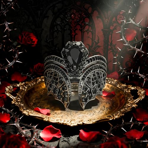 Image of Jeulia Unique Gothic Design 925 Sterling Silver Pear Cut Bat Coffin Promise Engagement Wedding Ring Set with Diamond Wings Bridal Jewelry Gift Box