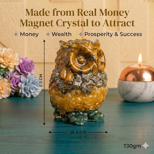 Image of Money Magnet Owl (Maa Laxmi Ji Vahan) with Tiger Eye Pyrite Citrine & Green Jade for Wealth & Protection | Vastu Feng Shui Owl for Money Attraction & Good Luck | Home Decor Gift