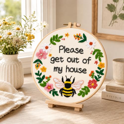 Image of Nuberlic Please Get Out of My House Embroidery Kit, Stitch Craft Set | Pre-Printed Fabric, Hoop, Threads, Needles,Guide Included. A Funny DIY Needlework Kit for Beginners, Gifts and Home Decor.