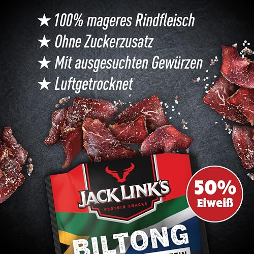 Jack Links Biltong Jerky Original – 12er Pack (12 x 60g) – Glutenfreier Fleisch Snack - High Protein Reiches Trockenfleisch für Gym, Fitness, Outdoor - Kalorienarme Protein Snacks - Rindfleisch Chips