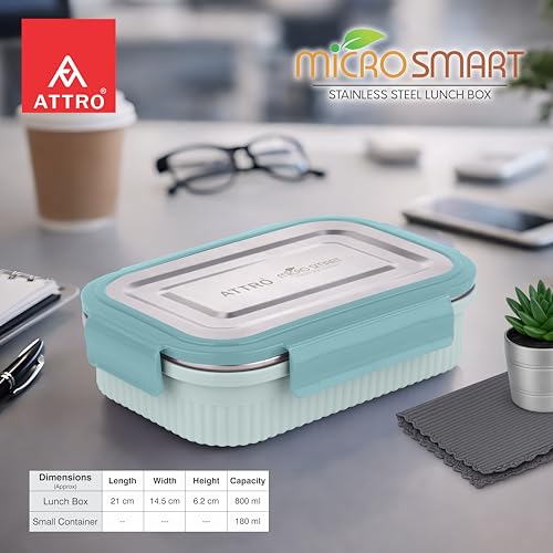 Image of ATTRO Micro Smart Stainless Steel Lunch Box with Inner Steel Body, Microwave Safe Without Lid, Airtight Leakproof with Small Container for Office, School Kids & Outdoor Use - 800ml+180ml-Green