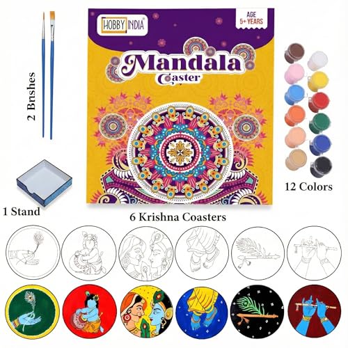 Image of HOBBY INDIA Krishna Mandala Art Kit for Adults and Kids | DIY Tea Coaster Set of 6 with Painting Kit | Unique Art and Craft Kit Gift | Perfect Coaster for Office Desk, Dining Table Kitchen Decoration