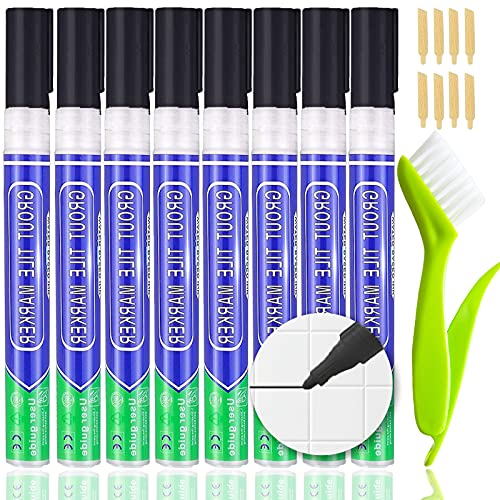 KOOLPUG Pluma de lechada negra con cepillo limpiador de lechada para azulejos, 8 piezas de lechada para azulejos, bolígrafo sellador, bolígrafo de lechada para restaurar baño y cocinas (negro)