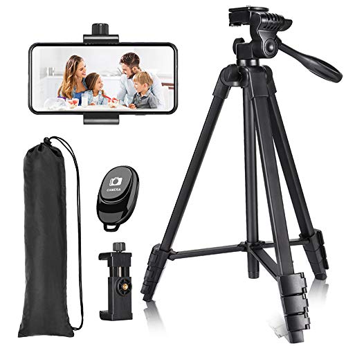 57 inch Phone Tripod, Lightweight Tripod Aluminum Portable Smartphone Tripod with Phone Holder & Remote Shutter and Carry Bag for Travel & Video Shooting - Black