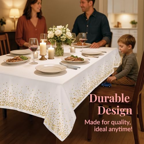 Image of Prestee 12-Pack White and Gold Tablecloth - 54x108 Inch - Disposable Table Covers for Party, Weddings, and Holidays - Waterproof Christmas Tablecloth, Stain-Resistant Plastic Table Cover Set