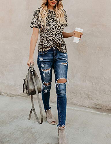 Yidarton Women's T Shirt Leopard Print Tops Short Sleeve Casual Cotton Round Neck Cute Blouse (A-Leopard01, Medium)