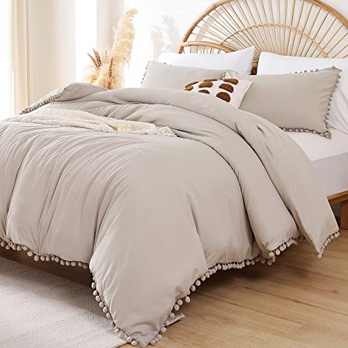YIRDDEO King Size Comforter Set - King Size Comforter with Ball Pom Fringe, Soft King Bedding Set for All Seasons - 3 Pieces, 1 Comforter (104"x90"inches) & 2 Pillow Shams(20"x36"), Oatmeal