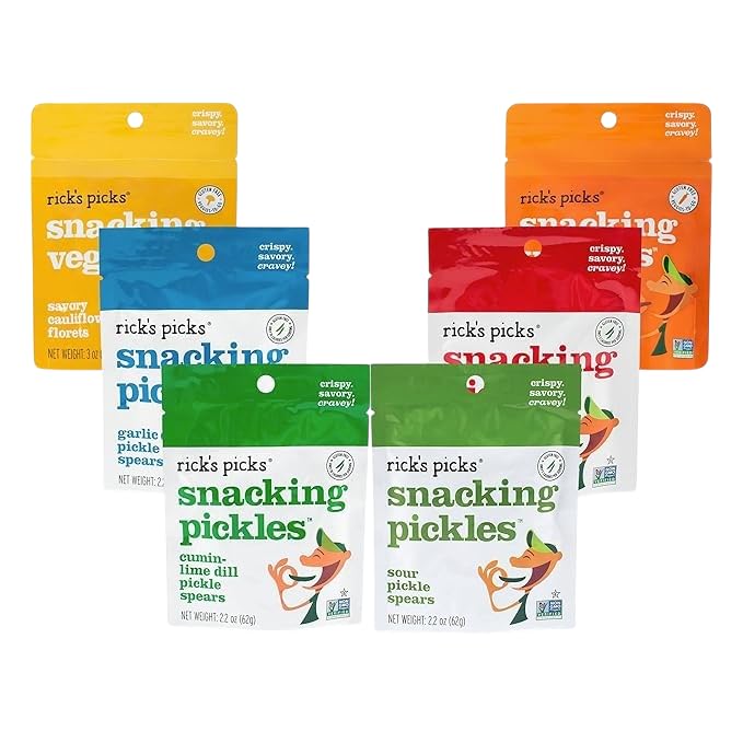 Rick’s Picks Snacking Pickles Variety 6 Pack - On-the-Go Dill Pickles, Spicy Pickles, Carrot Sticks & Cauliflower - All Natural, Non-GMO, Gluten Free, 2.2-3 oz. (6 Pack)