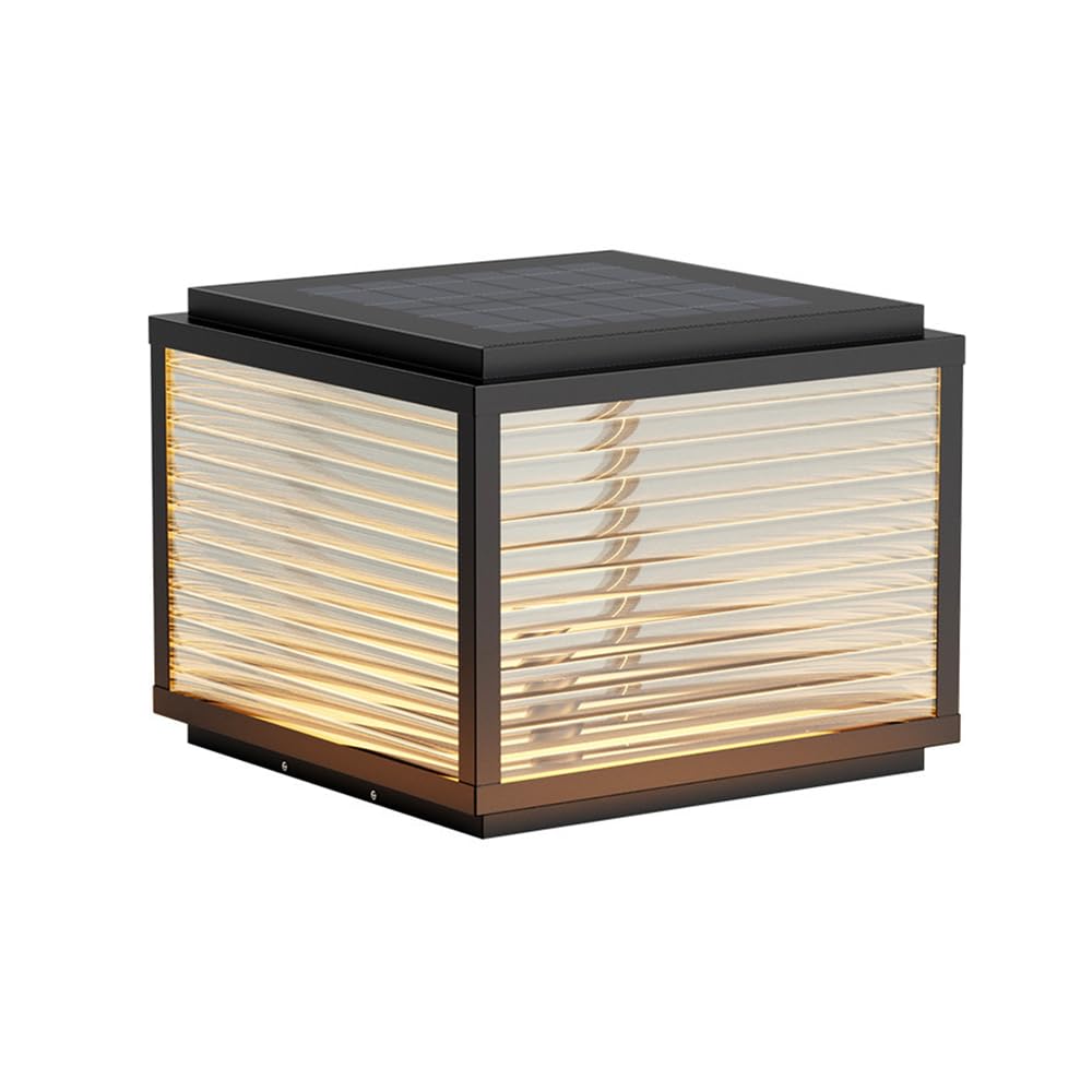 HCIPJQY 9.8" Modern Solar Post Lights Glass Lantern Warm Column Lighting for Fence Post Cap Deck European Industrial Farmhouse Pillar Lamp Solar Powered Decor Landscape Lights (1 Pack, Black)