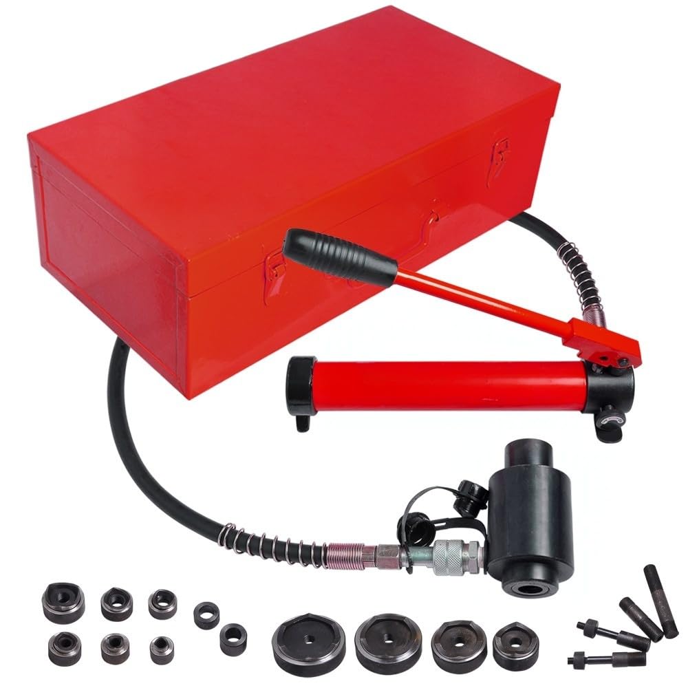 15-Ton Hydraulic Knockout Punch Set with 10 Dies - 1/2" to 4" Conduit Hole Punch Driver Kit for Metal, Aluminum, and Stainless Steel - Red Finish