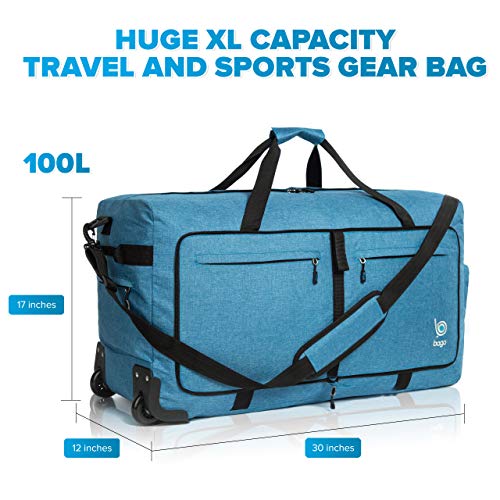Wheeled Duffle Bag Luggage - 100L Large Rolling Duffel Bag 30 inch Folding Duffle Bag For Travel - Packable Duffle Bag With Rollers (Snow Blue)