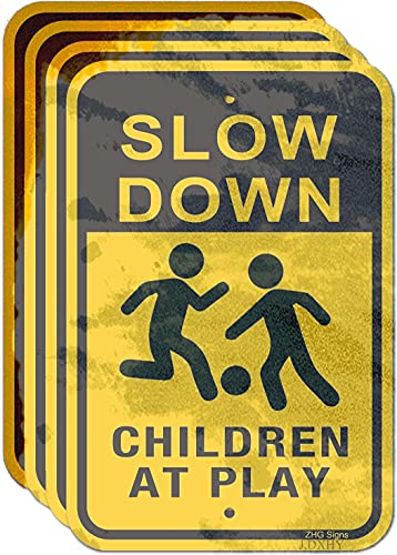 Plaque rétro en métal Slow Down pour sécurité enfants 20x30 cm