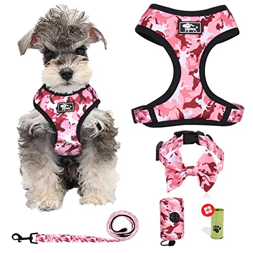 Dog Harness and Leash Set for Small Dogs, Adjustable Reflective No Pull Dog Vest Harness for Puppy with Bow-tie Collar, Leash and Poop Bag (L, Pink Camouflage)