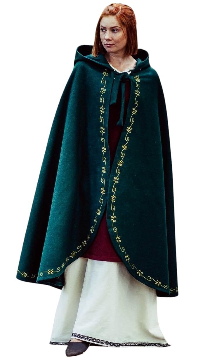 Leonardo Carbone® Ásidís średniowieczna peleryna wełniana z haftem ręcznym – średniowieczna odzież damska, peleryna damska, kostium hobbit, odzież LARP, Wikingowie, Cosplay, Halloween, karnawał
